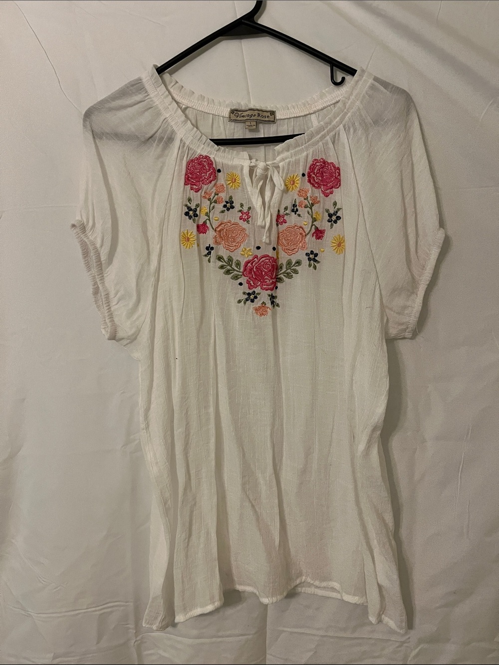 Vintage Rose White Embroidered Peasant Tunic